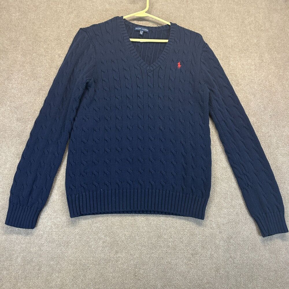 Ralph Lauren Sweater Women's XL Navy Blue V-Neck Pullover Cable Knit Red Pony